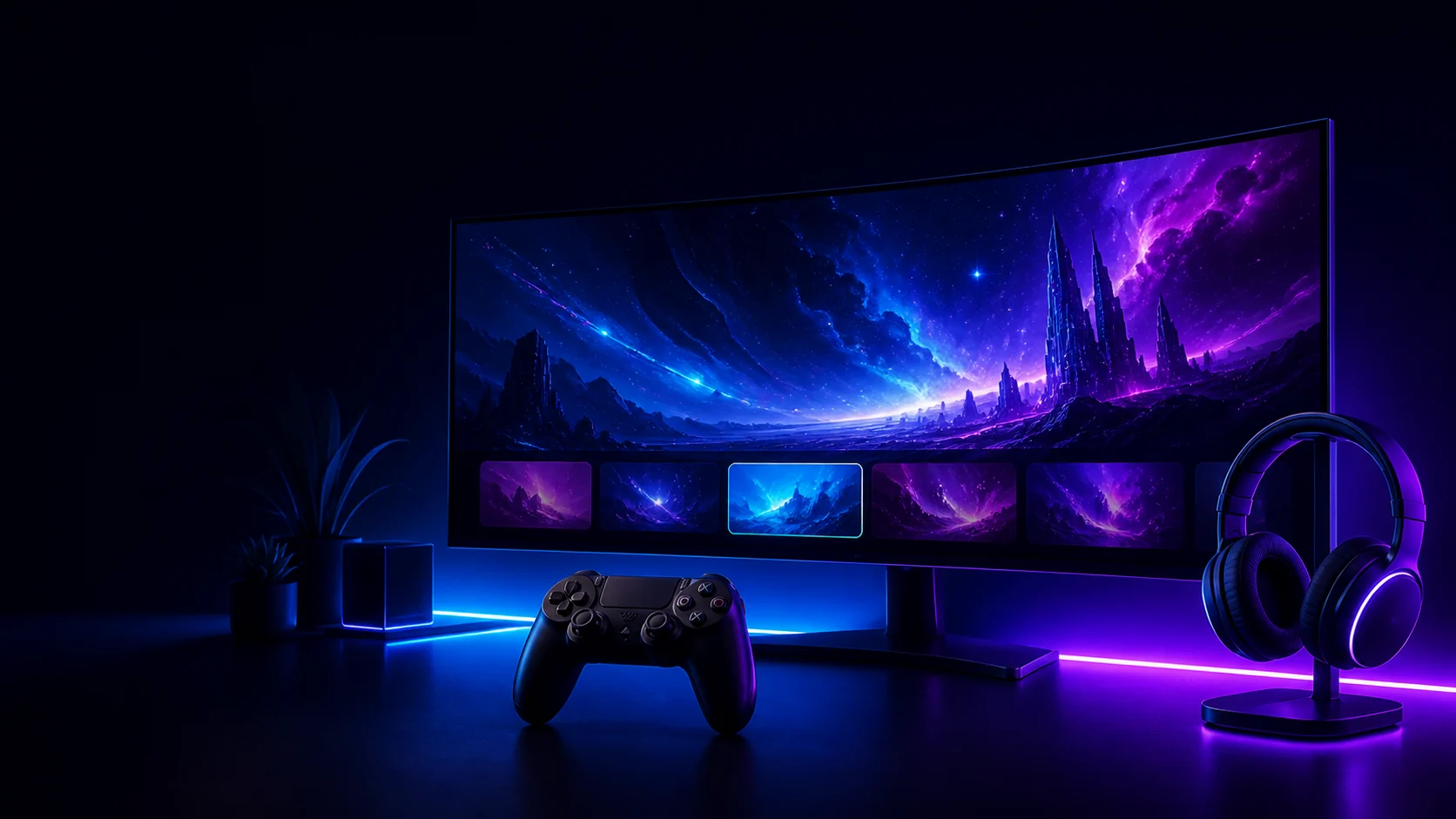 Neon entertainment setup with ultrawide screen, controller and headphones